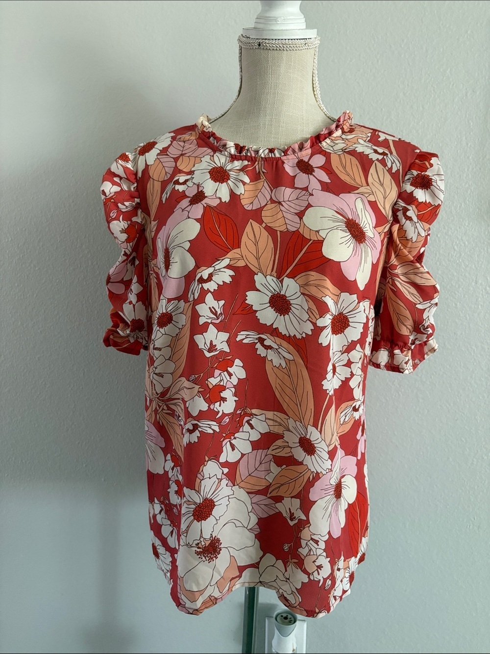Red Floral Puff-Sleeve Blouse with Ruching